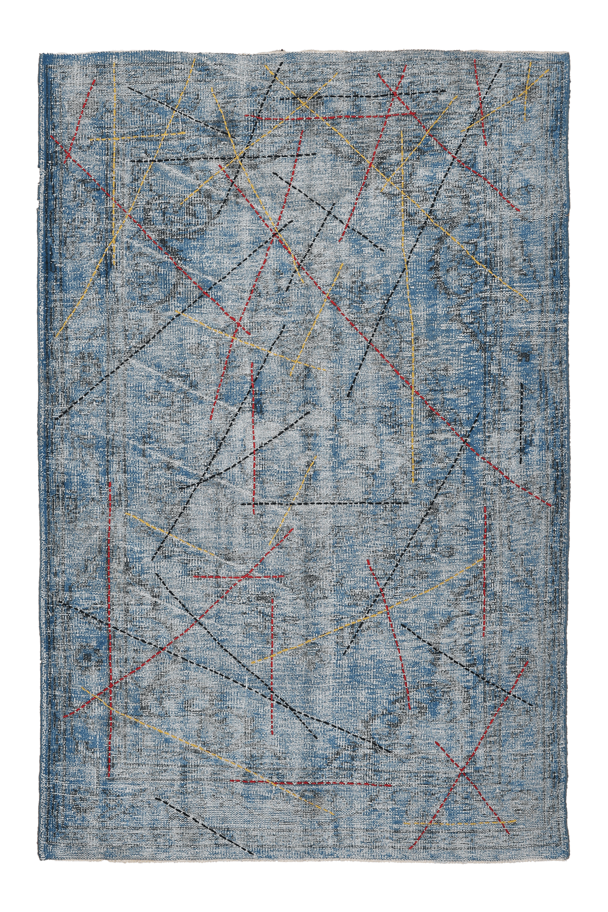 Vintage Manisa Turkish Area Rug 4x7 ft — Blue & Gray Geometric