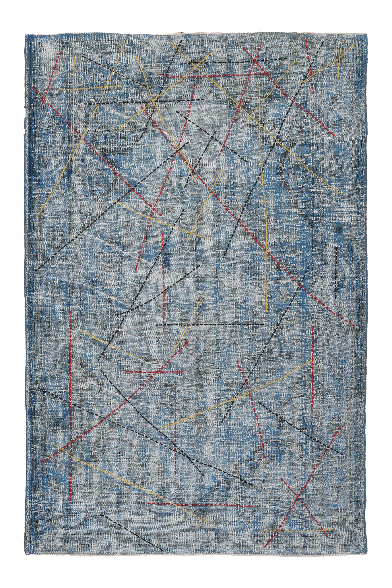 Vintage Manisa Turkish Area Rug 4x7 ft — Blue & Gray Geometric