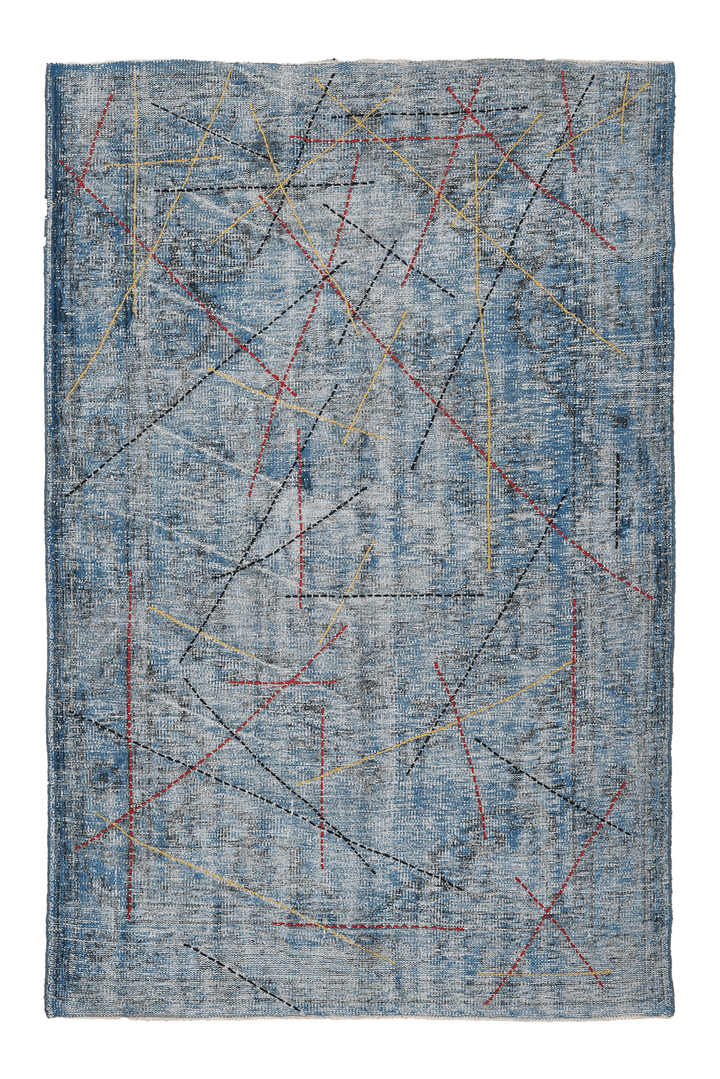 Vintage Manisa Turkish Area Rug 4x7 ft — Blue & Gray Geometric