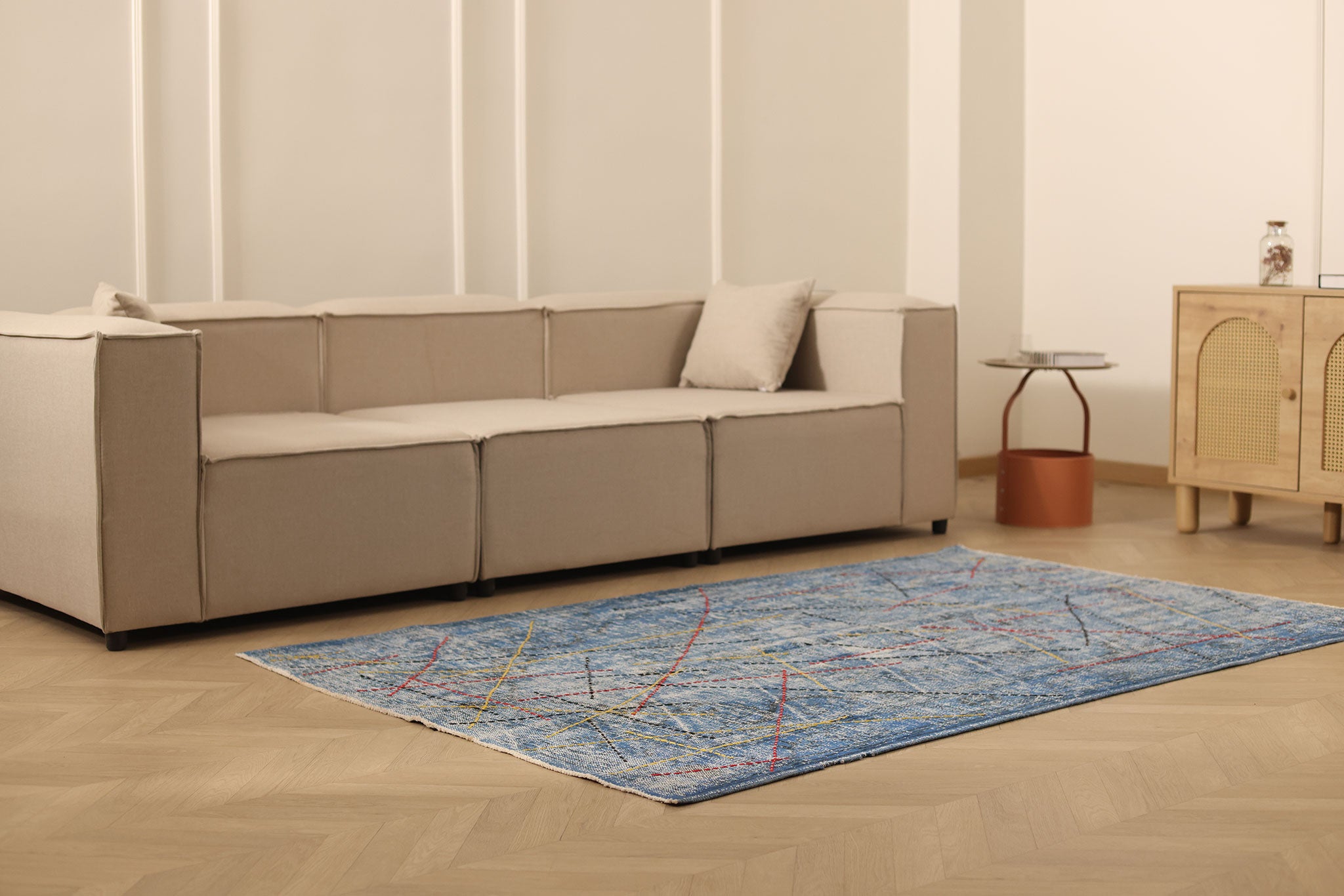 Vintage Manisa Turkish Area Rug 4x7 ft — Blue & Gray Geometric