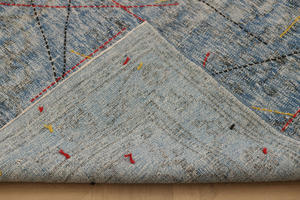 Vintage Manisa Turkish Area Rug 4x7 ft — Blue & Gray Geometric