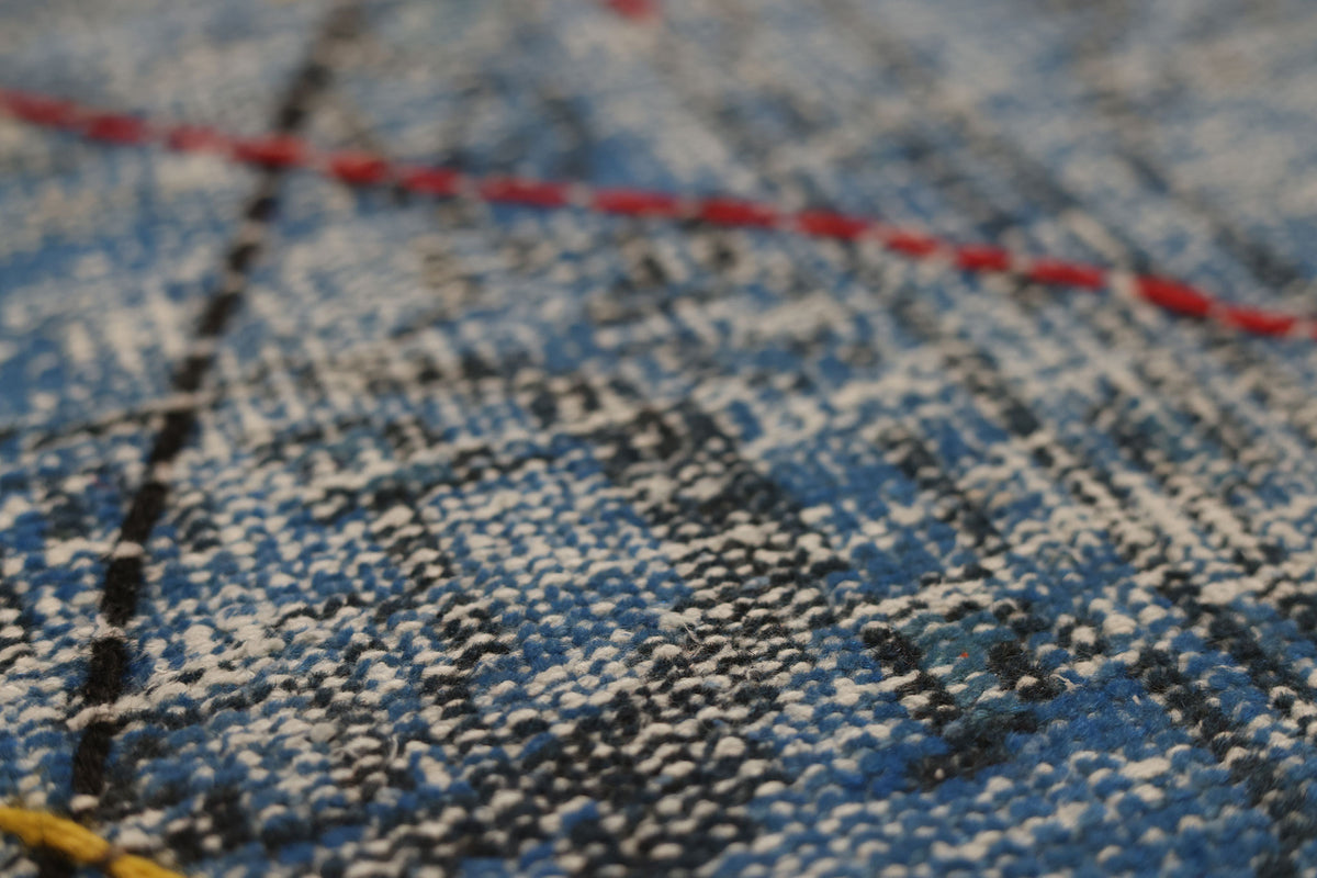 Vintage Manisa Turkish Area Rug 4x7 ft — Blue & Gray Geometric