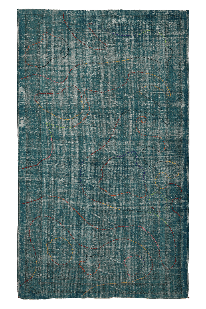 Vintage Manisa Turkish Area Rug 5x9 ft — Blue & Green Overdyed