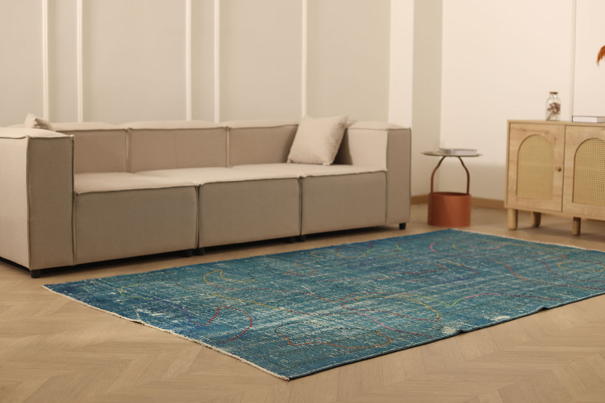 Vintage Manisa Turkish Area Rug 5x9 ft — Blue & Green Overdyed