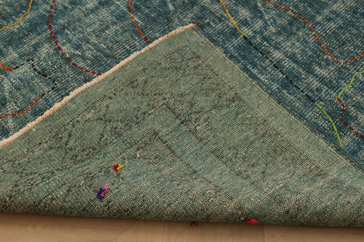 Vintage Manisa Turkish Area Rug 5x9 ft — Blue & Green Overdyed