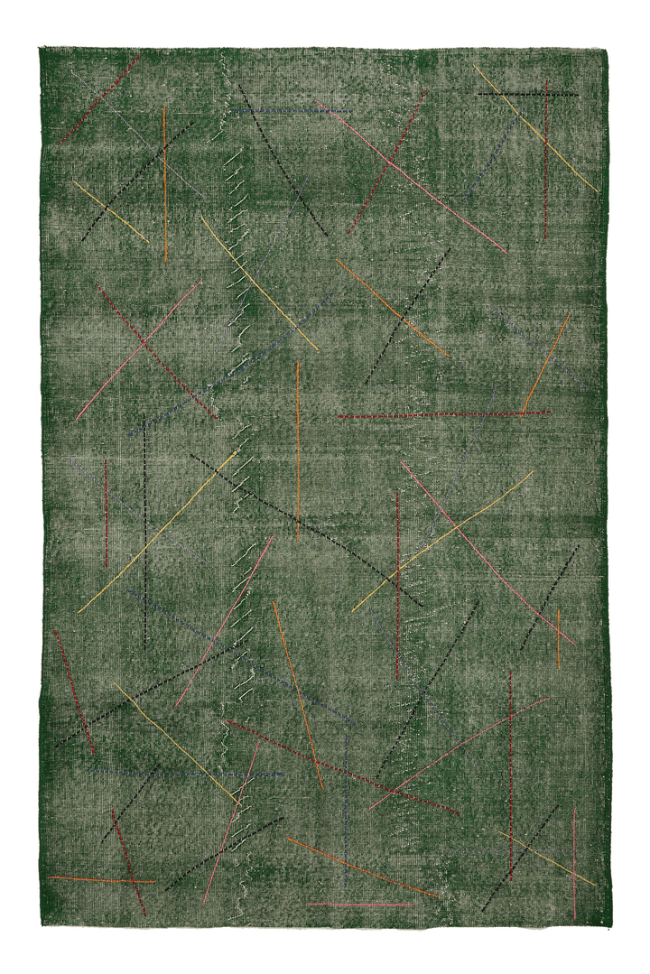 Vintage Isparta Turkish Area Rug 5x8 ft — Green Geometric