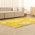 5x7 ft yellow patchwork vintage Turkish area rug with overdyed patterns in a bohemian living room setting.