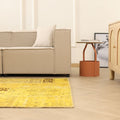 5x7 ft yellow patchwork Turkish area rug made of wool and cotton in a bohemian living room.