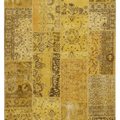 5x7 ft vintage yellow patchwork area rug, hand-stitched wool and cotton with eclectic overdyed Anatolian patterns.