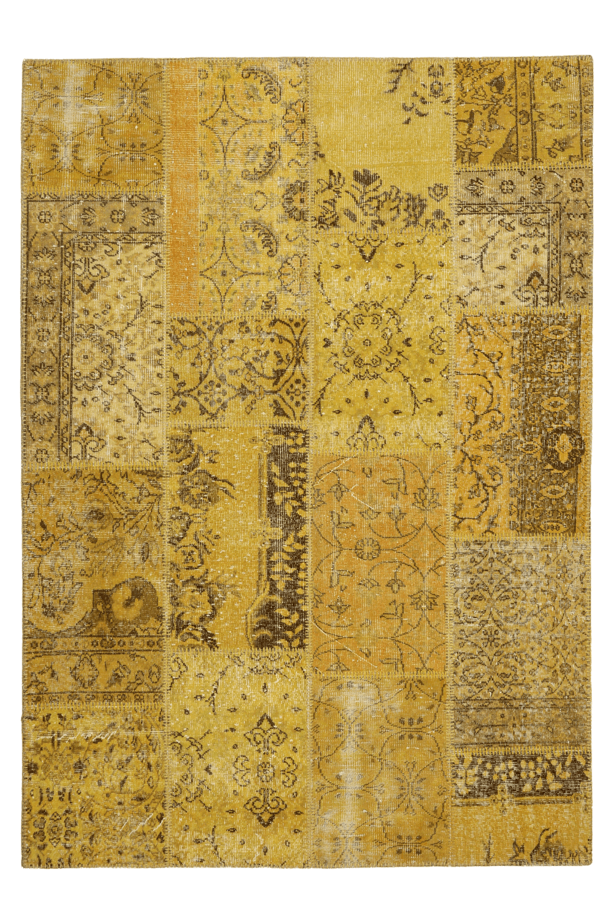 5x7 ft vintage yellow patchwork area rug, hand-stitched wool and cotton with eclectic overdyed Anatolian patterns.
