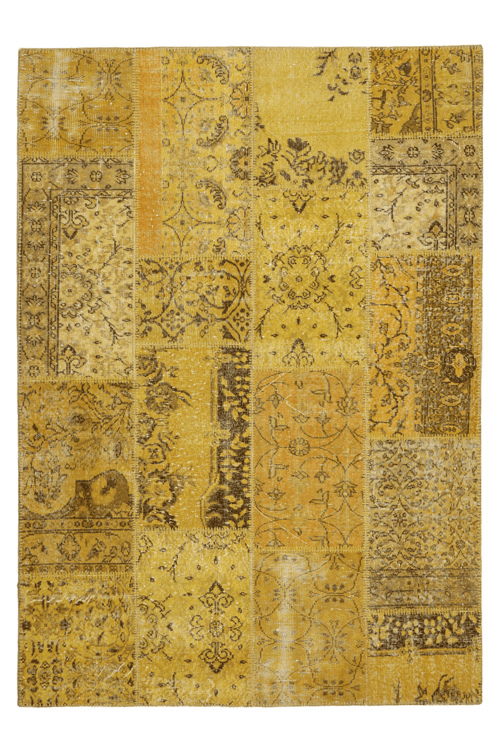 5x7 ft vintage yellow patchwork area rug, hand-stitched wool and cotton with eclectic overdyed Anatolian patterns.