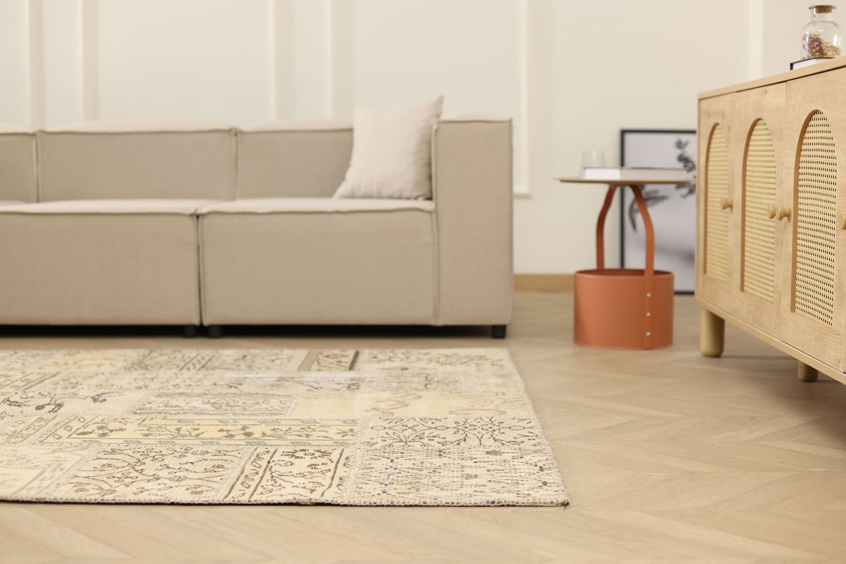 Vintage Turkish Area Rug 5x7 ft — Beige & Gray Patchwork