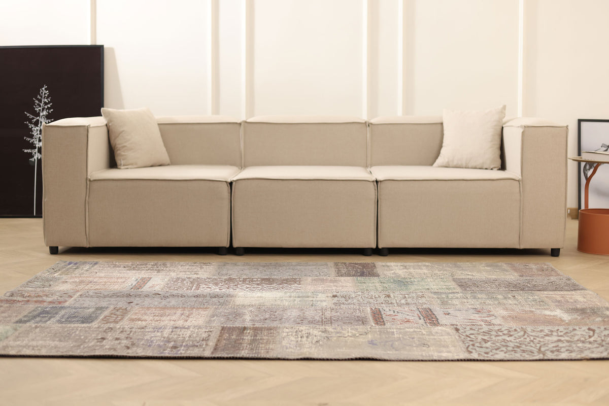 Vintage Turkish Area Rug 5x8 ft — Gray & Brown Patchwork