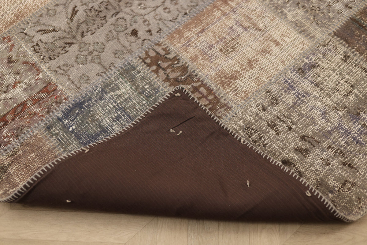 Vintage Turkish Area Rug 5x8 ft — Gray & Brown Patchwork