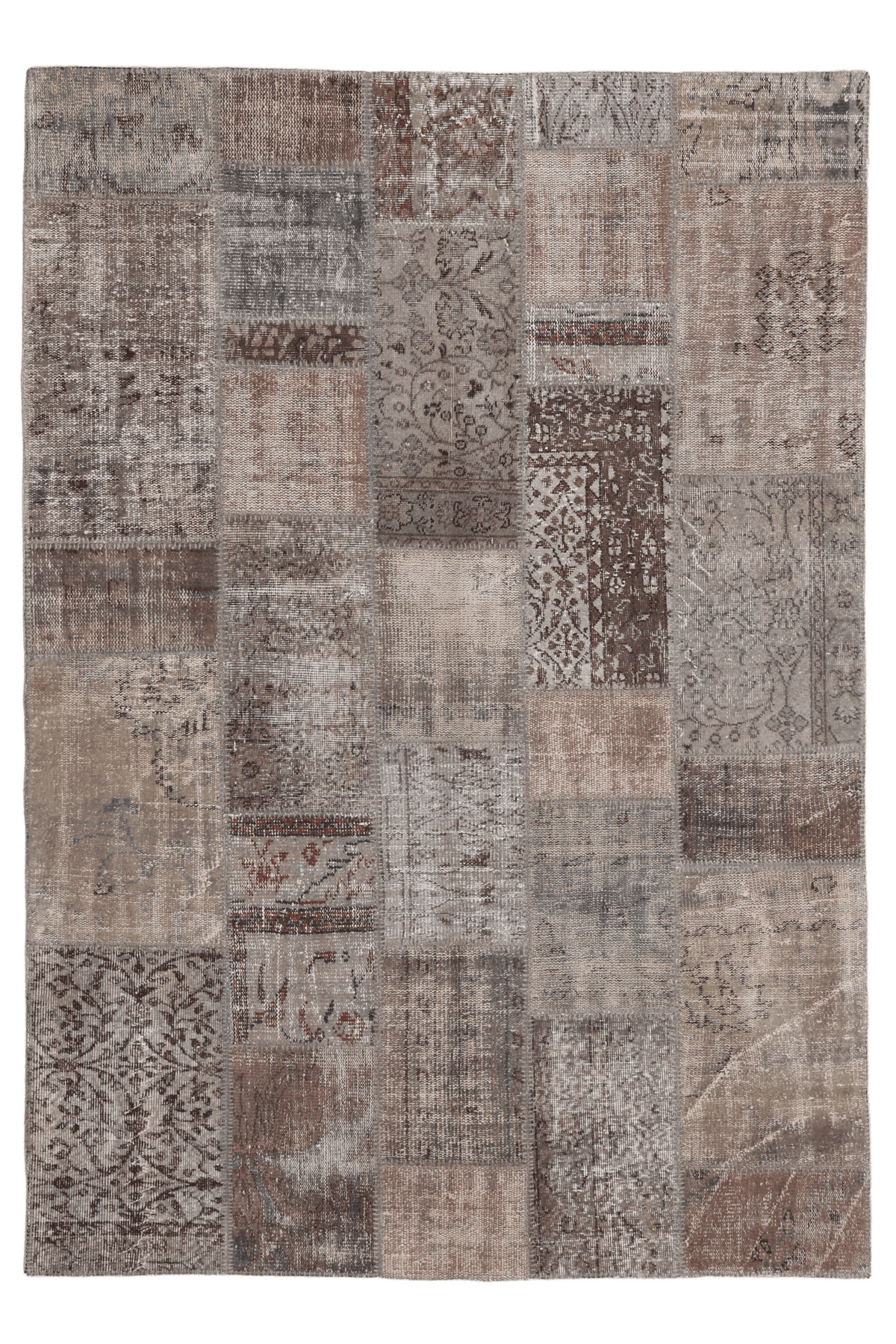 Vintage Turkish Area Rug 5x8 ft — Gray & Brown Patchwork