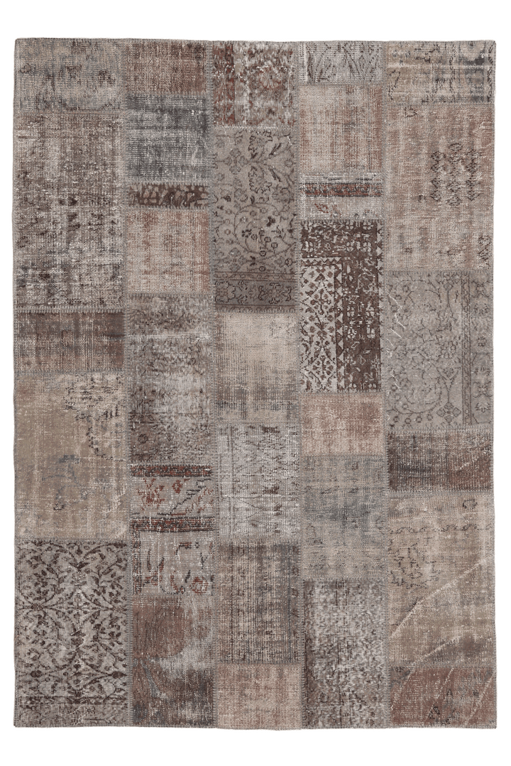 Vintage Turkish Area Rug 5x8 ft — Gray & Brown Patchwork