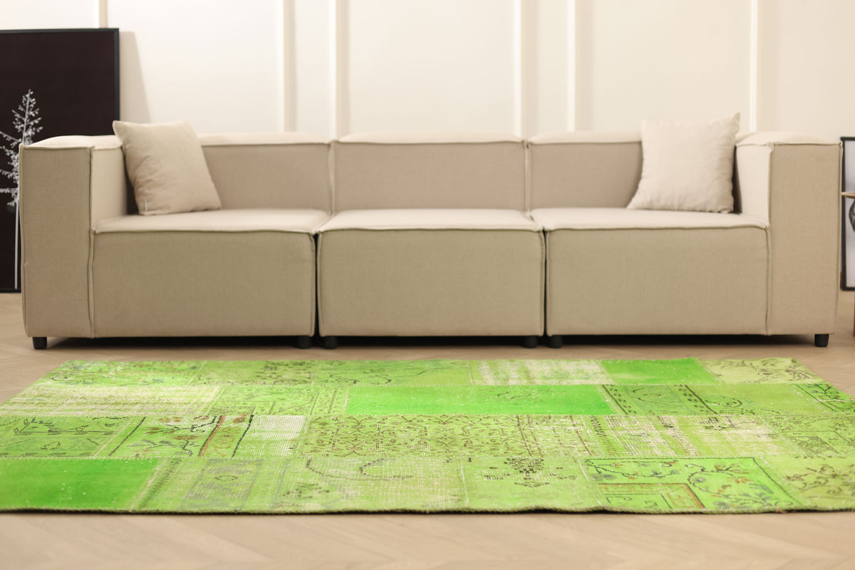 Vintage Turkish Area Rug 5x7 ft — Green Patchwork