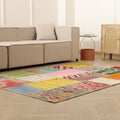 5x7 ft vintage Turkish patchwork area rug in wool and cotton with vibrant geometric patterns in a bohemian living room.