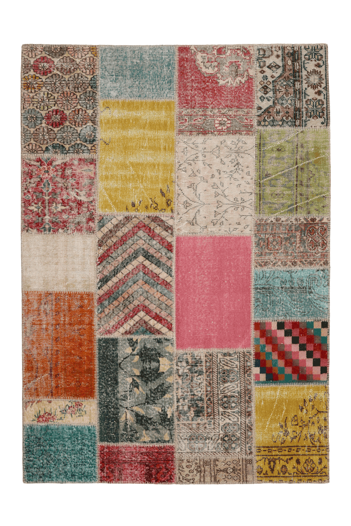 Handmade 5x7 ft vintage Turkish patchwork area rug featuring vibrant geometric patterns in wool and cotton.
