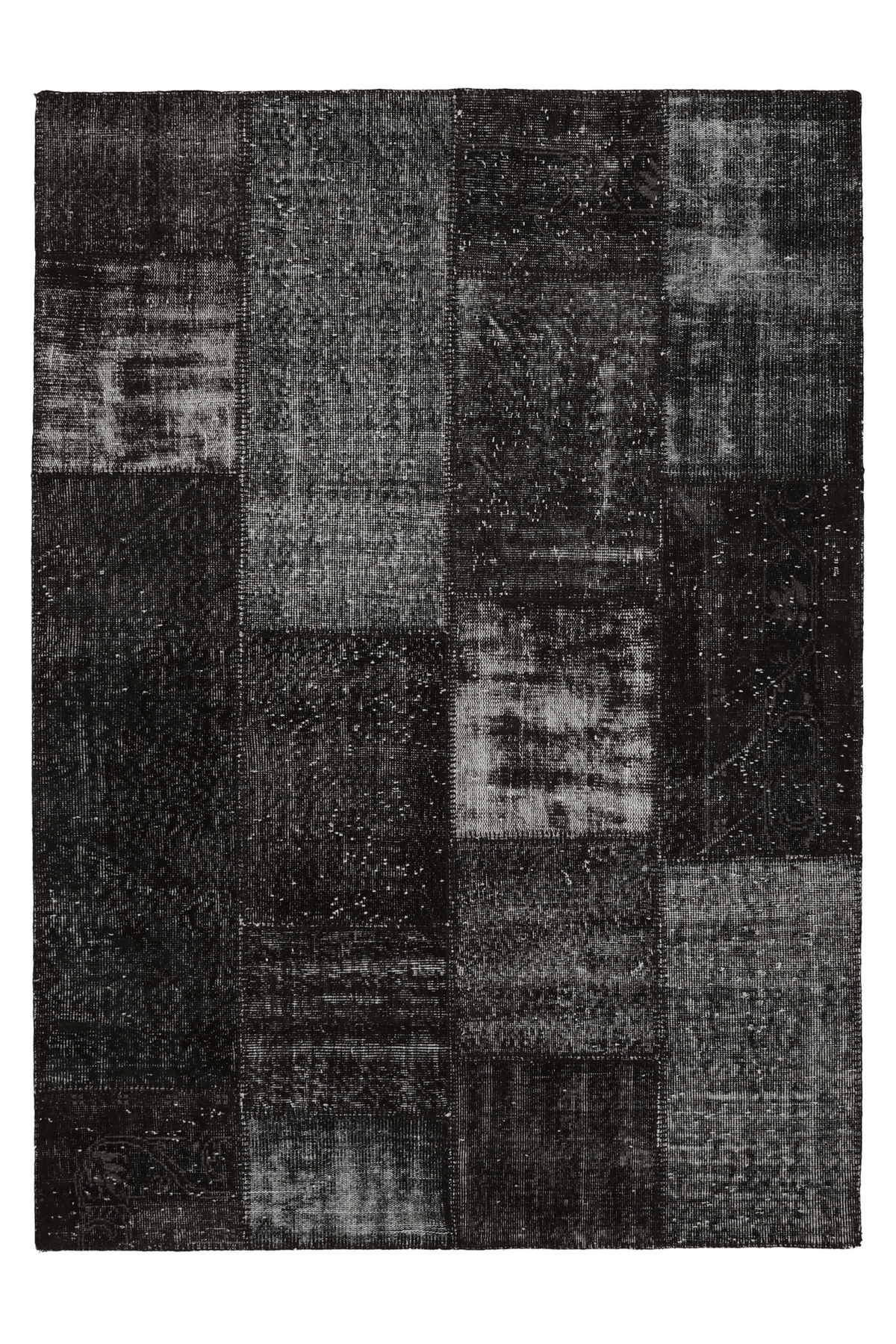 5x7 ft black patchwork area rug made from hand-stitched vintage wool and cotton with a distressed, overdyed bohemian design.
