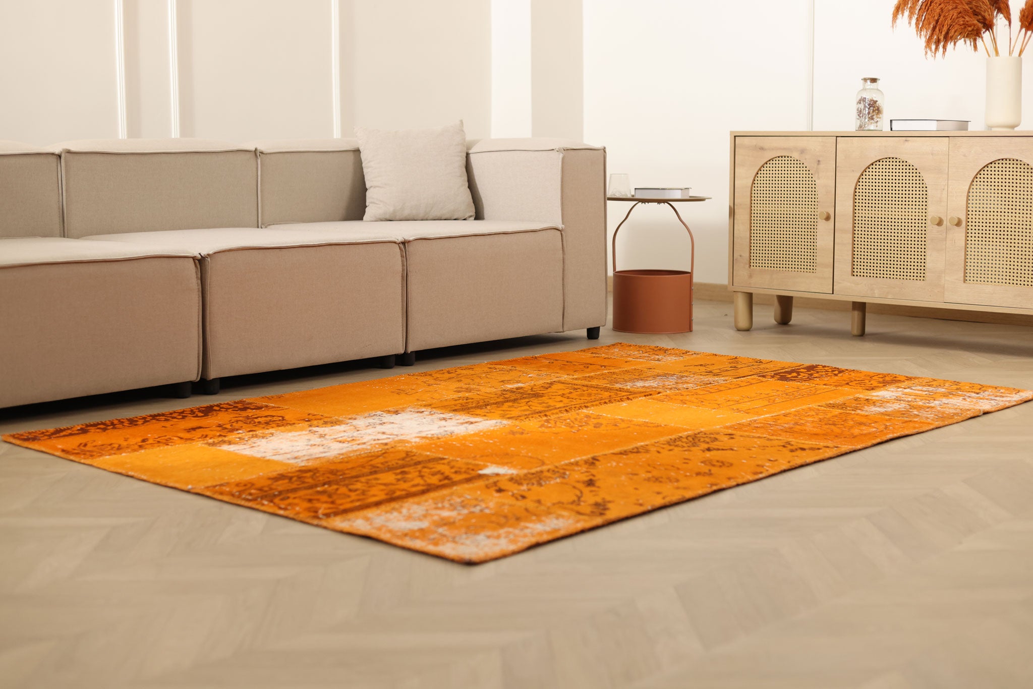 Vintage Turkish Area Rug 5x7 ft — Orange Patchwork