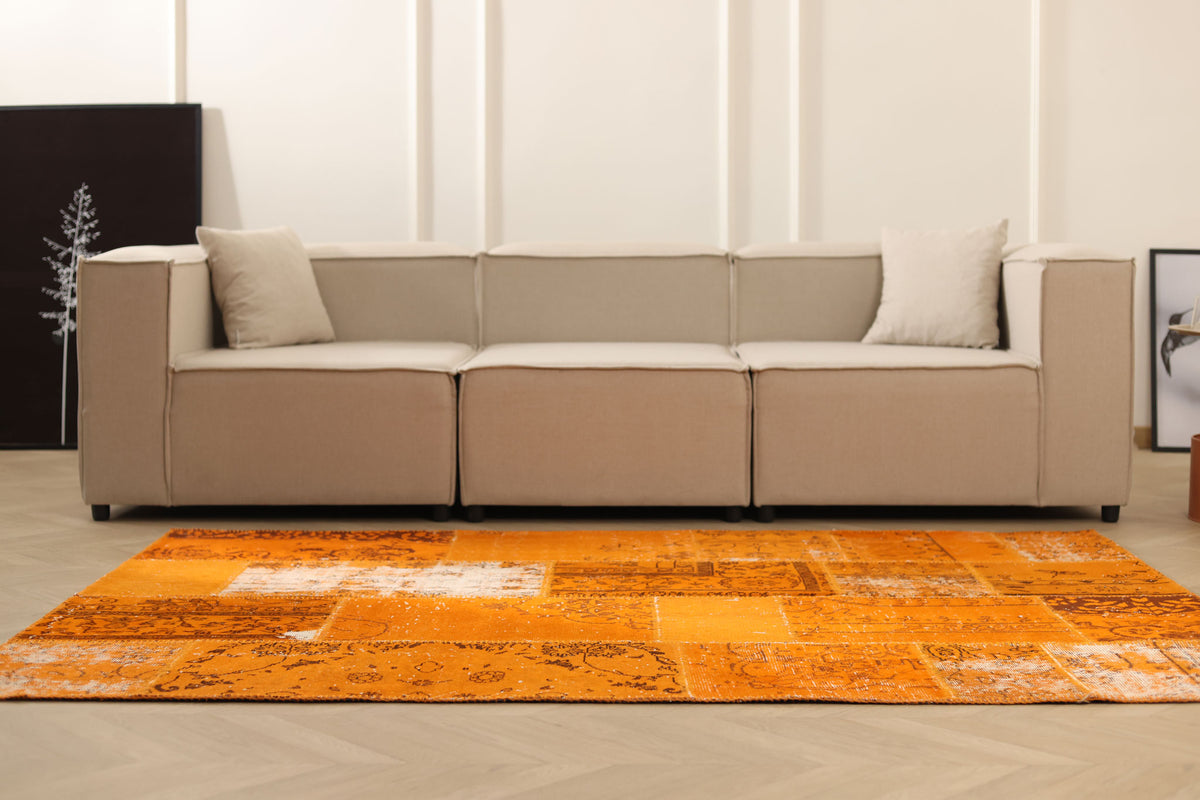 Vintage Turkish Area Rug 5x7 ft — Orange Patchwork
