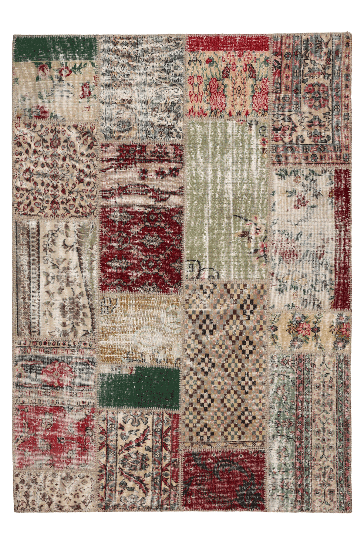 5x7 ft vintage Turkish patchwork rug in wool and cotton with vibrant floral patterns and mixed bohemian colors.