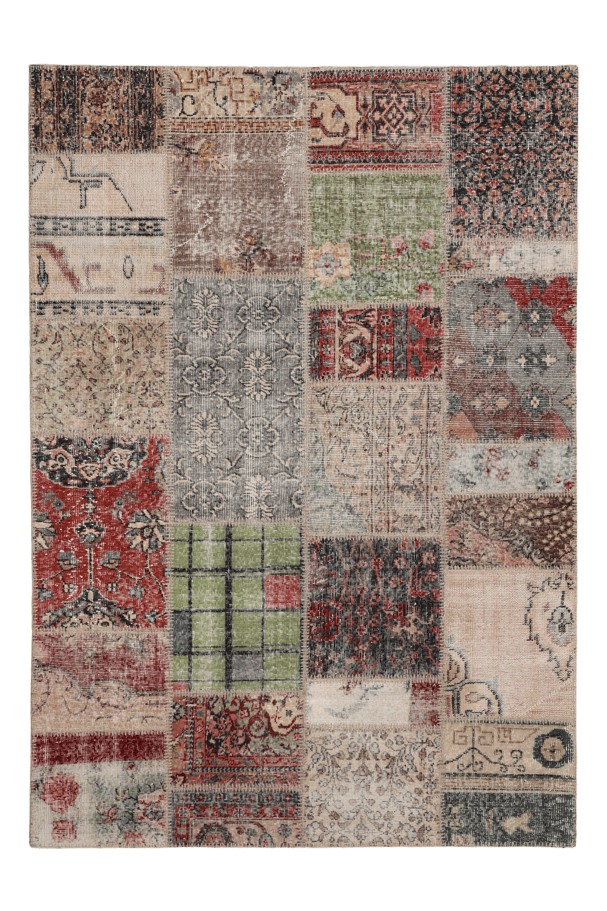 5x7 ft vintage Turkish patchwork rug featuring hand-stitched wool and cotton pieces with vibrant, eclectic floral patterns.