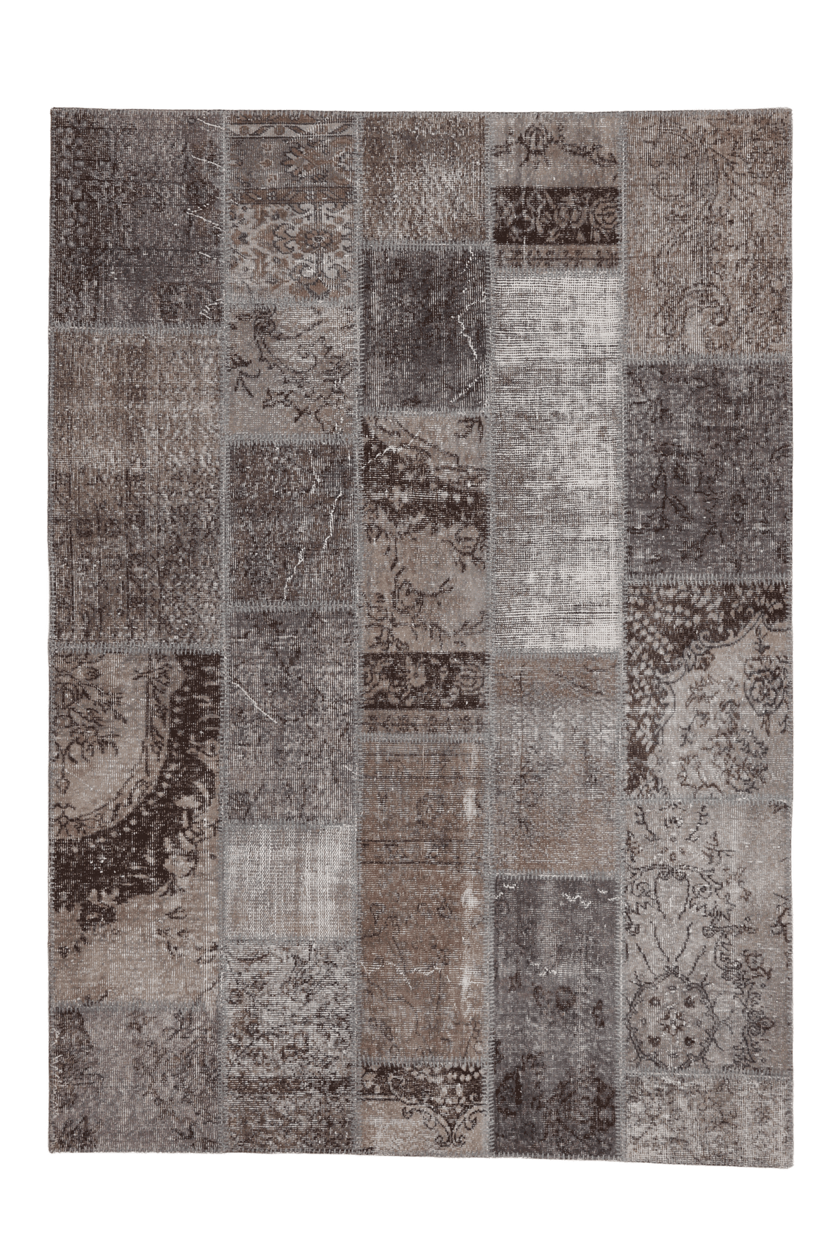 Vintage Turkish Area Rug 5x7 ft — Gray & Brown Patchwork