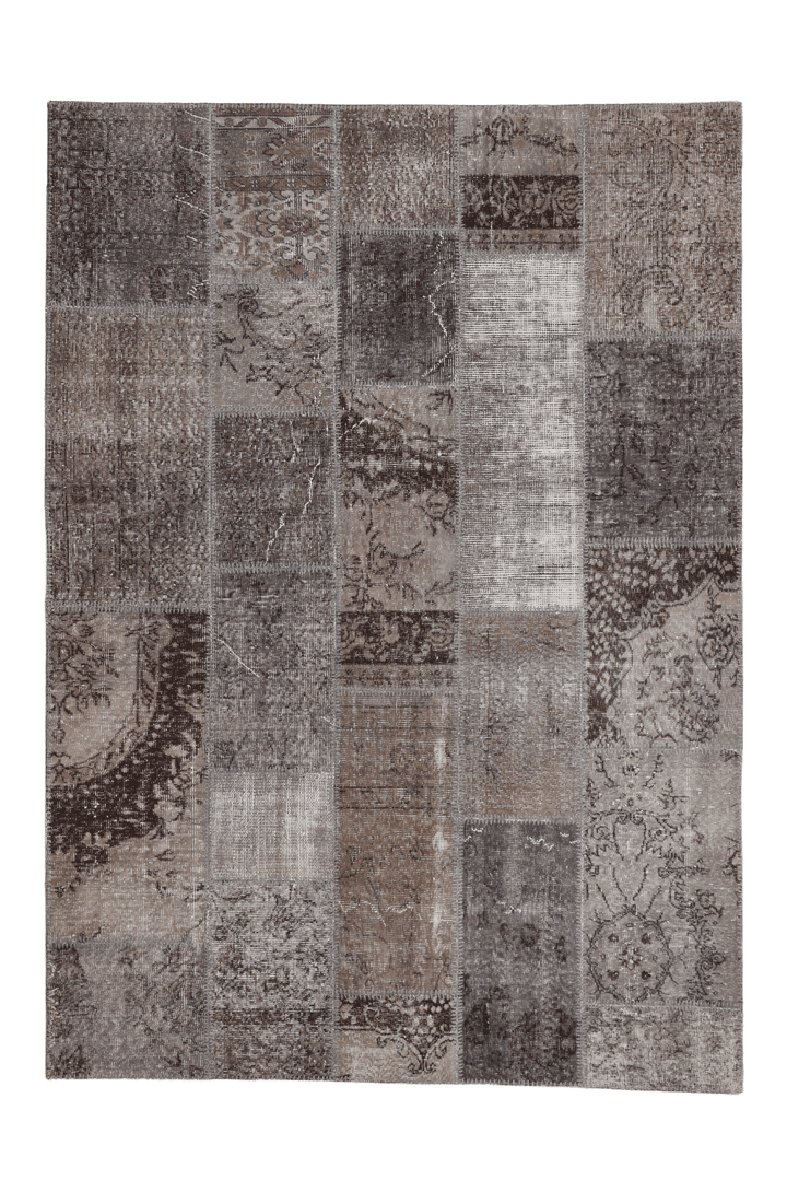 Vintage Turkish Area Rug 5x7 ft — Gray & Brown Patchwork