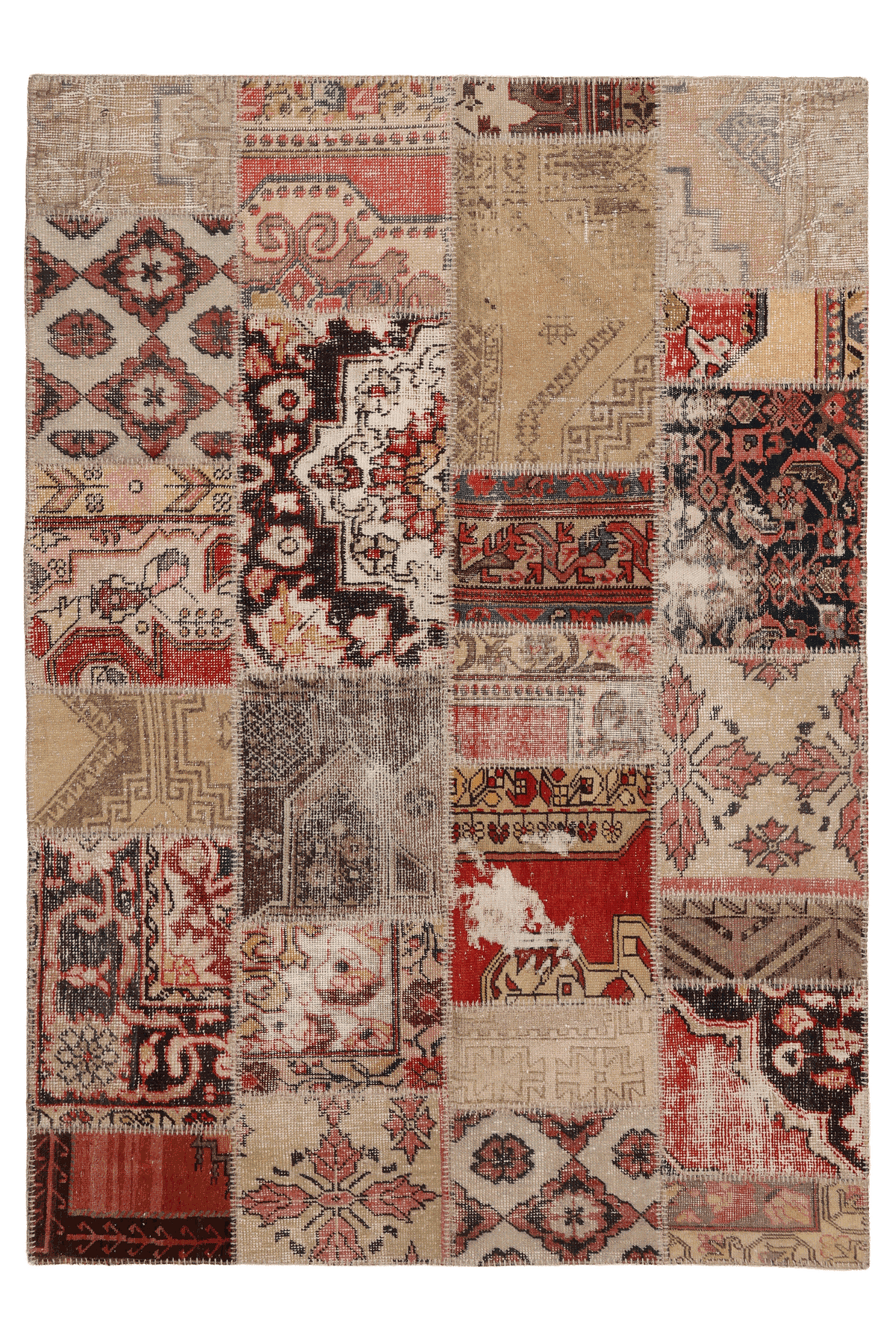 Vintage Turkish Area Rug 5x7 ft — Red & Beige Patchwork