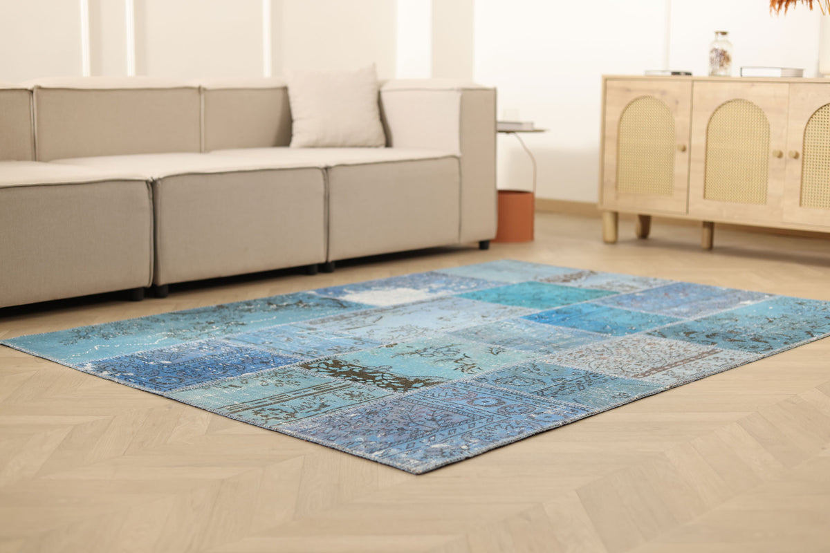 Vintage Turkish Area Rug 5x7 ft — Blue Patchwork (No. 38736)