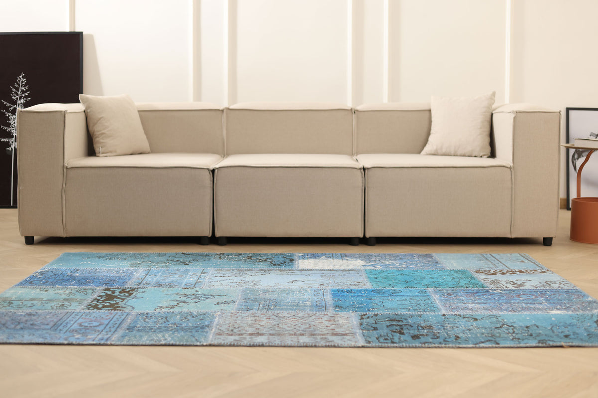 Vintage Turkish Area Rug 5x7 ft — Blue Patchwork (No. 38736)