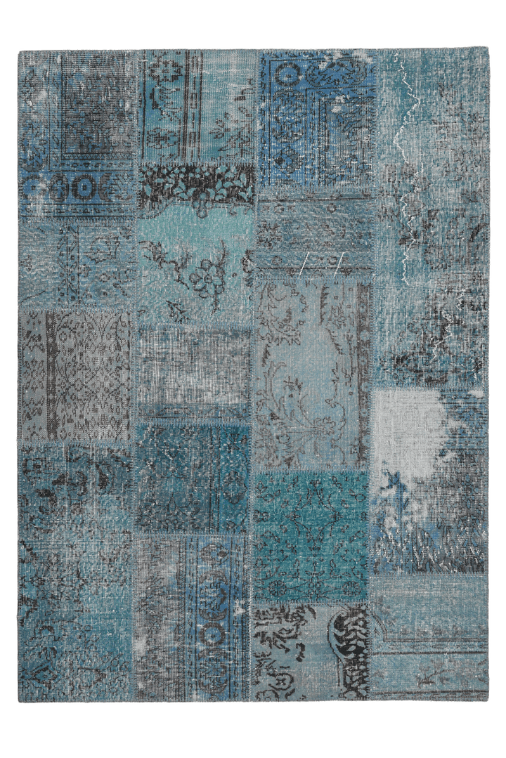 Vintage Turkish Area Rug 5x7 ft — Blue Patchwork (No. 38736)