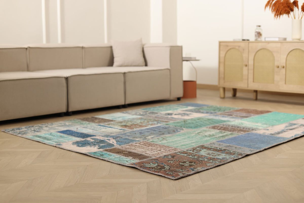 Vintage Turkish Area Rug 6x8 ft — Blue & Brown Patchwork