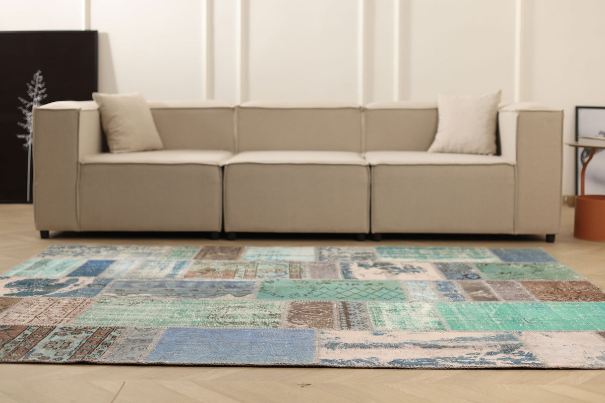 Vintage Turkish Area Rug 6x8 ft — Blue & Brown Patchwork