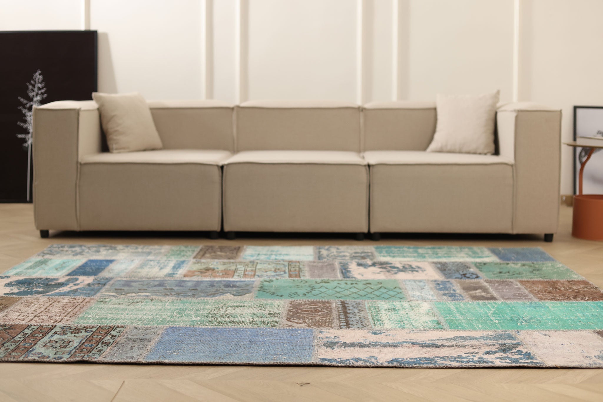 Vintage Turkish Area Rug 6x8 ft — Blue & Brown Patchwork