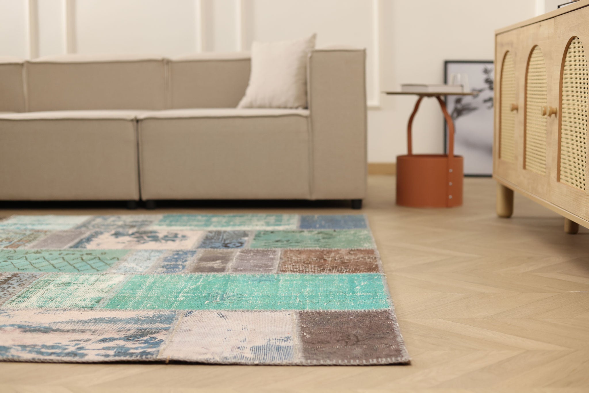 Vintage Turkish Area Rug 6x8 ft — Blue & Brown Patchwork