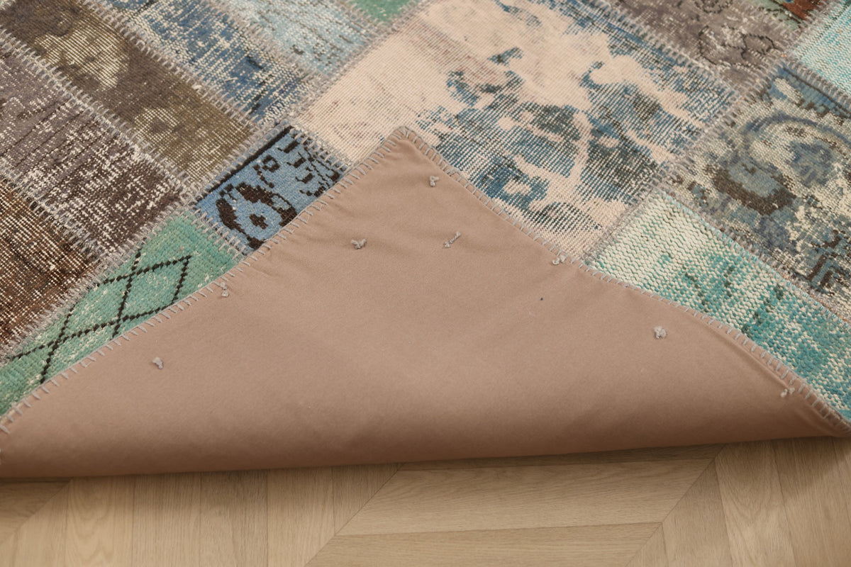 Vintage Turkish Area Rug 6x8 ft — Blue & Brown Patchwork