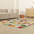 6.5x6.5 ft handmade patchwork Turkish rug with vibrant geometric wool and cotton squares in a modern living room.