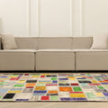 6.5x6.5 ft handmade vintage Turkish patchwork rug featuring vibrant geometric wool and cotton squares in a bohemian style.