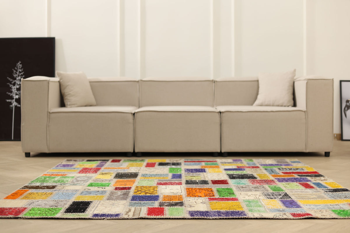 6.5x6.5 ft handmade vintage Turkish patchwork rug featuring vibrant geometric wool and cotton squares in a bohemian style.