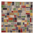 6.5x6.5 ft handmade patchwork Turkish area rug featuring vibrant, multi-colored geometric wool and cotton fabric squares.