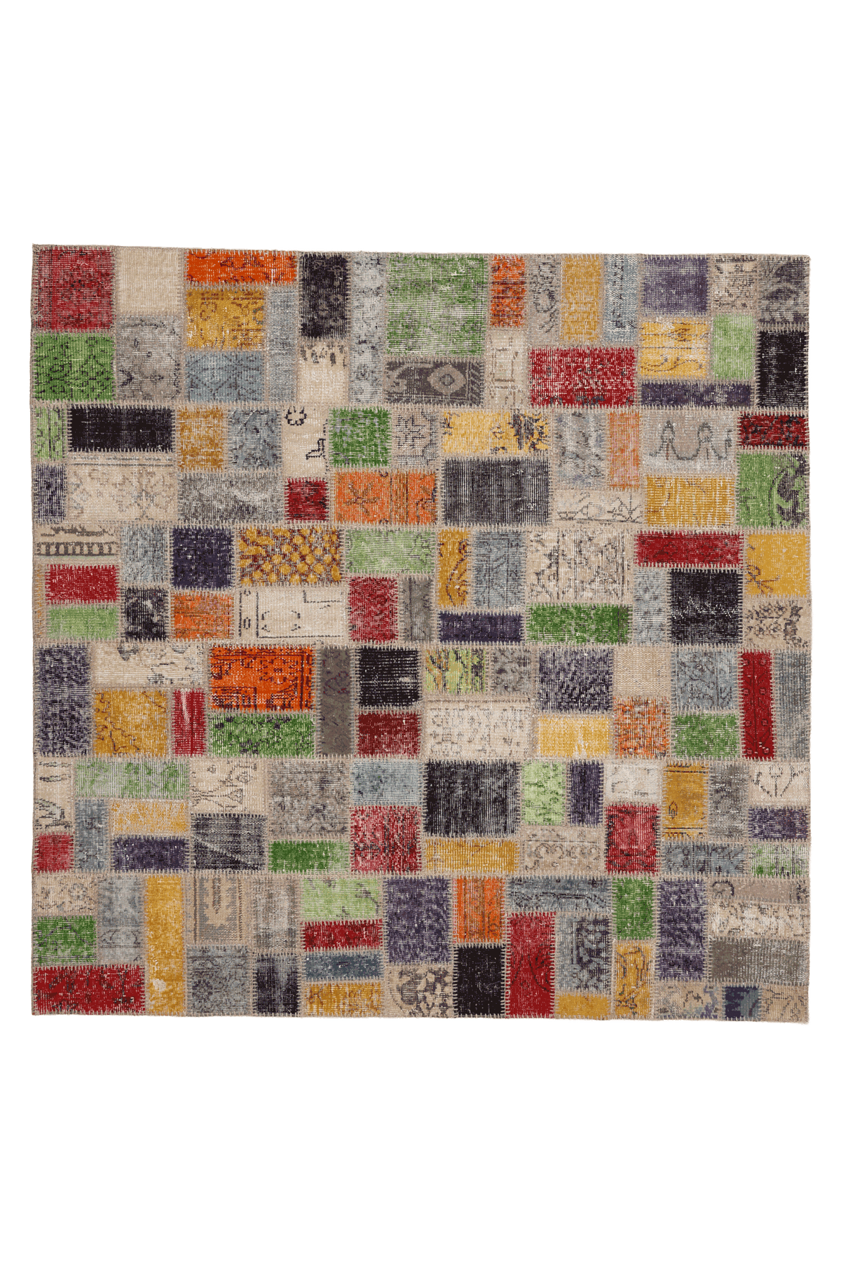 6.5x6.5 ft handmade patchwork Turkish area rug featuring vibrant, multi-colored geometric wool and cotton fabric squares.