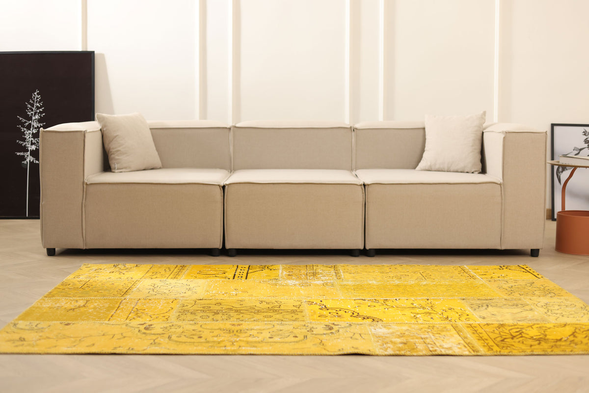 5x7 ft yellow patchwork vintage Turkish area rug made of wool and cotton with overdyed bohemian patterns.