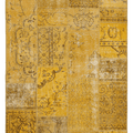 5x7 ft vintage yellow patchwork area rug, handmade from wool and cotton with overdyed bohemian Anatolian patterns.