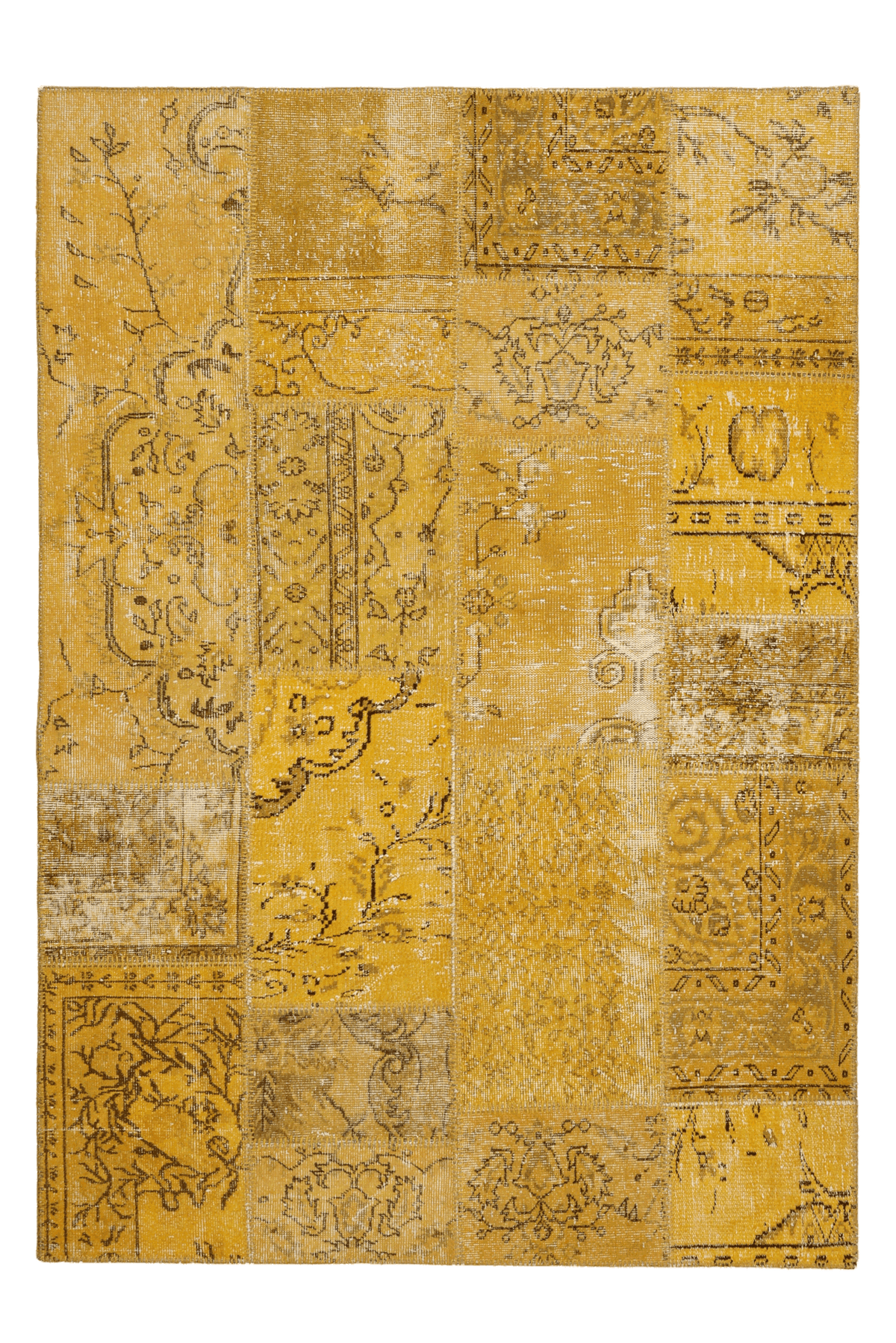 5x7 ft vintage yellow patchwork area rug, handmade from wool and cotton with overdyed bohemian Anatolian patterns.