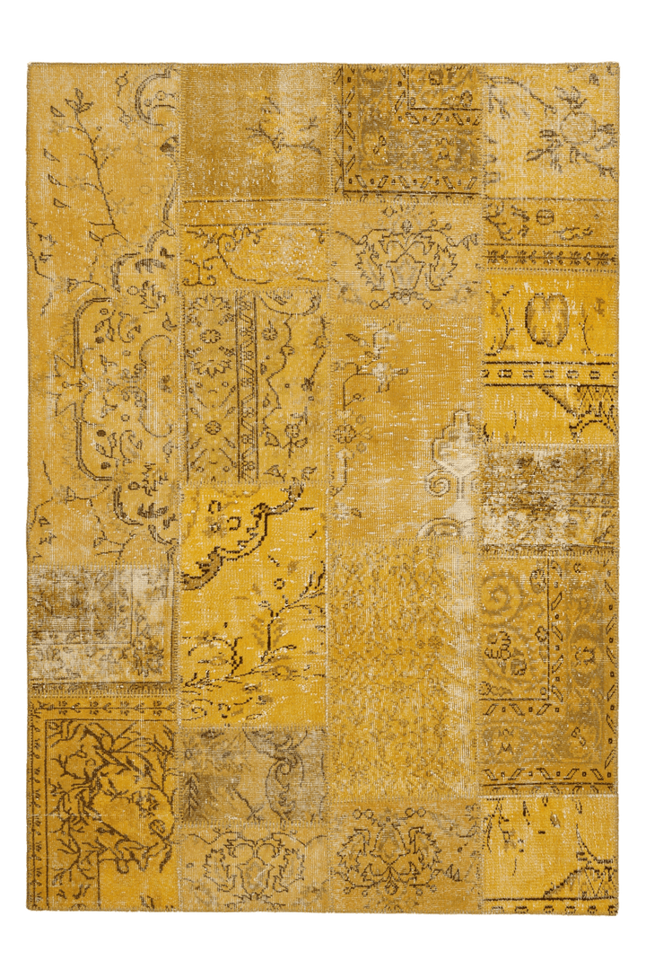 5x7 ft vintage yellow patchwork area rug, handmade from wool and cotton with overdyed bohemian Anatolian patterns.
