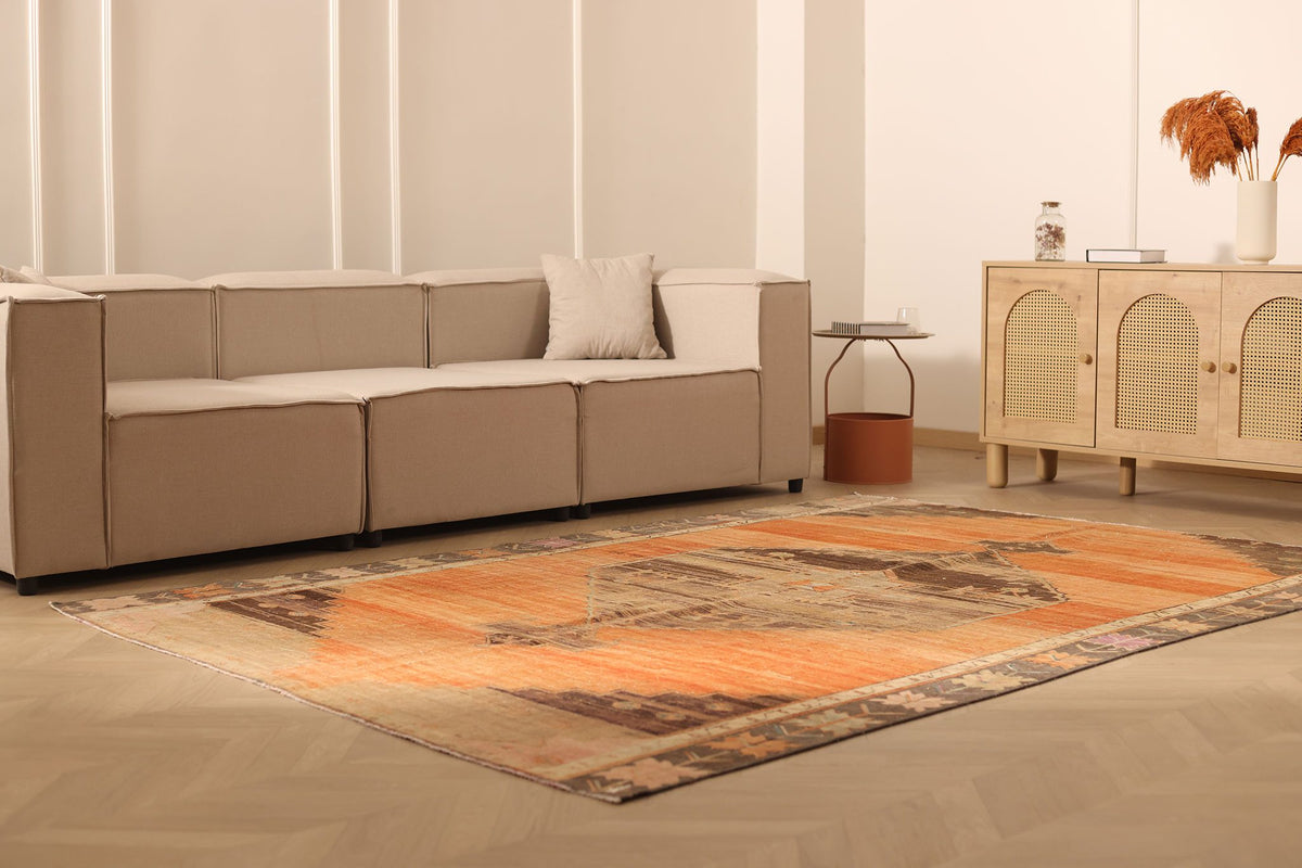 Vintage Malatya Turkish Area Rug 7x9 ft — Orange & Brown Geometric