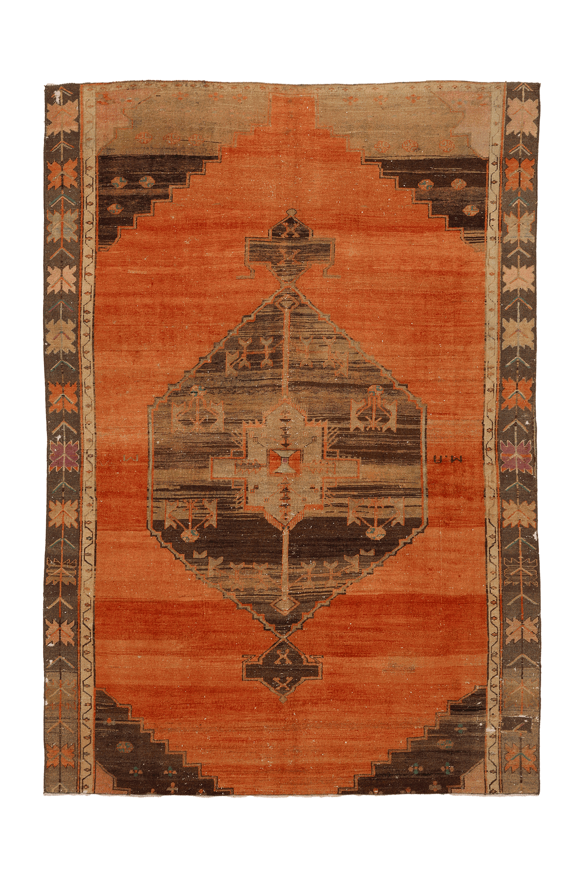Vintage Malatya Turkish Area Rug 7x9 ft — Orange & Brown Geometric